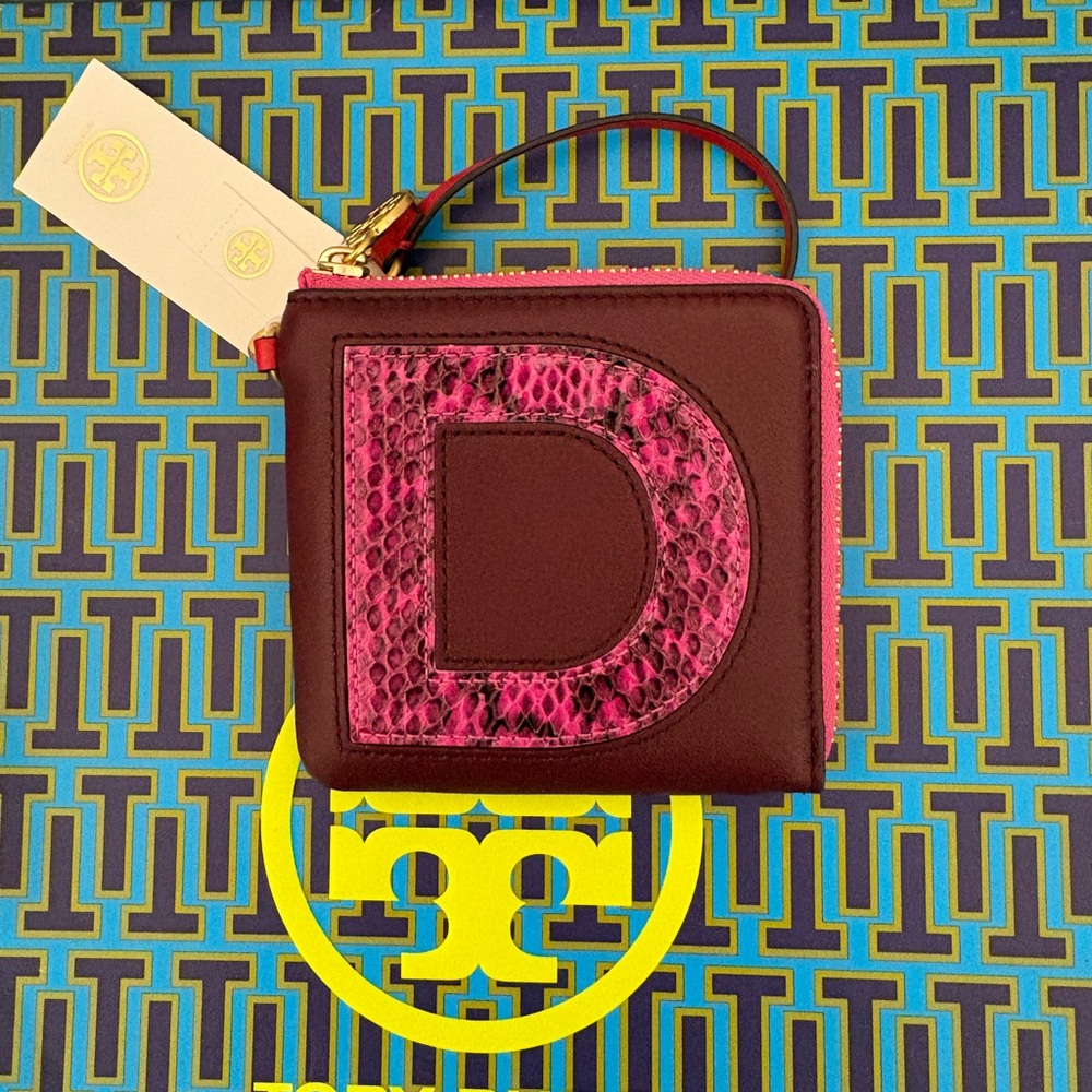 Tory Burch Monogram Card Case Key Fob Wristlet Garnet